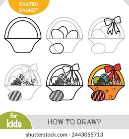 How to draw Easter basket with colored eggs for children. Step by step drawing tutorial. A simple guide to learning to draw
