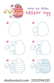 How to draw easter egg vector illustration. Draw easter egg and bunny step by step. Cute and easy drawing guide.
