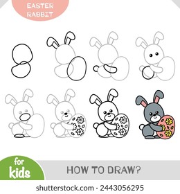 How to draw Easter rabbit and egg for children. Step by step drawing tutorial. A simple guide to learning to draw