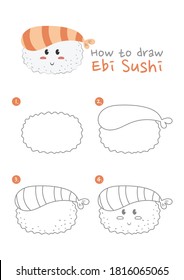 How to draw Ebi Sushi vector illustration. Draw Ebi Sushi Japanese food step by step. Shrimp sushi drawing guide. Cute and easy drawing guidebook.