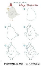 How to draw edgy chicken vector illustration. Draw a chicken step by step. Bad temper chicken drawing guide. Cute and easy drawing guidebook.