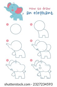 How to draw an elephant vector illustration. Draw an elephant step by step. Cute and easy drawing guide.