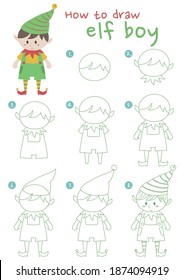 How to draw an elf boy vector illustration. Draw a an elf boy step by step. Elf boy drawing guide. Cute and easy drawing guidebook.