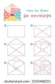 How to draw envelope vector illustration. Draw envelope letter step by step. Cute and easy drawing guide.