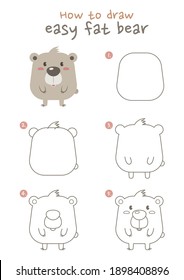 How to draw a fat bear vector illustration. Draw a bear step by step. Cute bear drawing guide. Cute and easy drawing guidebook.