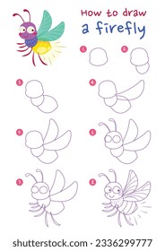 How to draw firefly vector illustration. Draw firefly step by step. Cute and easy drawing guide.