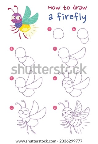 How to draw firefly vector illustration. Draw firefly step by step. Cute and easy drawing guide.