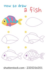 How to draw a fish vector illustration. Draw a fish step by step. Cute and easy drawing guide.