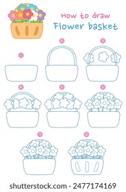 How to draw flower basket vector illustration. Draw flower basket step by step. Cute and easy drawing guide.