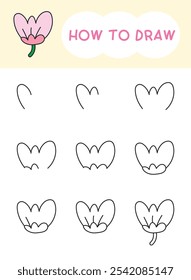 Como desenhar flor ou flora desenho animado passo a passo para o livro de aprendizagem, criança, educação e coloração. Ilustração vetorial