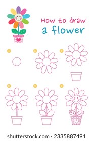 How to draw a flower vector illustration. Draw a pot of flower step by step. Cute and easy drawing guide.