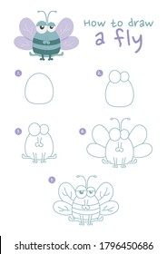 How to draw a fly insect vector illustration. Draw a fly insect step by step. A fly drawing guide. Cute and easy drawing guidebook.