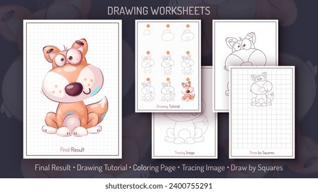 How to Draw a Fox. Step by Step Drawing Tutorial. Draw Guide. Simple Instruction. Coloring Page. Worksheets for Kids and Adults. Vector eps 10.
