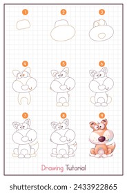 How to Draw a Fox. Step by Step Drawing Tutorial. Draw Guide. Simple Instruction for Kids and Adults. Vector eps 10.