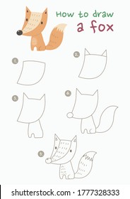 How to draw a fox vector illustration. Draw a fox step by step. Fox drawing guide. Cute and easy drawing guidebook.