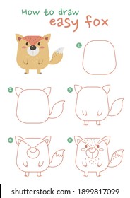 How to draw a fox vector illustration. Draw a fox step by step. Fat fox drawing guide. Cute and easy drawing guidebook.