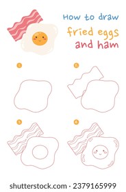 How to draw fried eggs and ham vector illustration. Draw fried eggs and ham step by step. Cute and easy drawing guide.