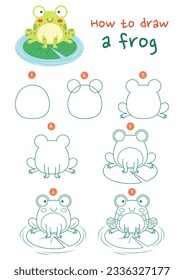 How to draw a frog vector illustration. Draw a frog step by step. Cute and easy drawing guide.