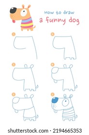 How to draw a funny dog vector illustration. Draw a funny dog step by step. Cute and easy drawing guide.