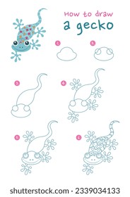 How to draw a gecko vector illustration. Draw a lizard step by step. Cute and easy drawing guide.