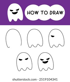 How to draw ghost cartoon step by step for learning, kid, education and coloring book. Vector illustration. Halloween festival