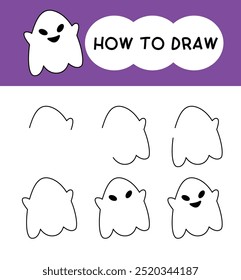 How to draw ghost cartoon step by step for learning, kid, education and coloring book. Vector illustration. Halloween festival