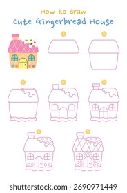 How to draw gingerbread house vector illustration. Draw christmas gingerbread step by step. Cute and easy drawing guide.
