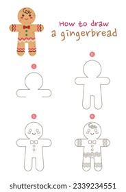 How to draw a gingerbread vector illustration. Draw a gingerbread step by step. Cute and easy drawing guide.