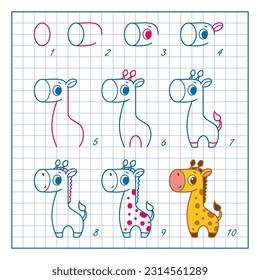 How to Draw Giraffe, Step by Step Lesson for Kids cartoon vector illustration