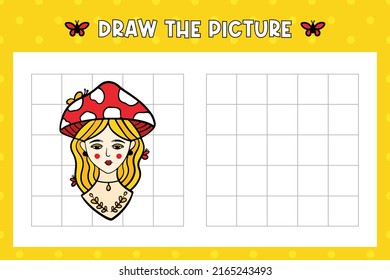 How to draw girl in mushroom hat. Draw, copy the picture activity for kids, children. Vector printable illustration, page.
