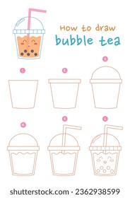 How to draw a glass of bubble tea vector illustration. Draw bubble tea step by step. Cute and easy drawing guide.