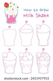 How to draw a glass of milk shake vector illustration. Draw milk shake step by step. Cute and easy drawing guide.