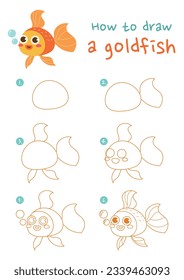 How to draw a goldfish vector illustration. Draw a goldfish step by step. Cute and easy drawing guide.