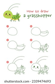 How to draw a grasshopper vector illustration. Draw a grasshopper step by step. Cute and easy drawing guide.