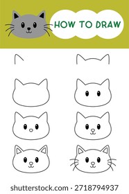 Cómo dibujar dibujos animados de cara de gato gris paso a paso para el aprendizaje, el niño, la educación y el libro para colorear 