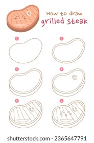 How to draw grilled steak vector illustration. Draw grilled steak step by step. Cute and easy drawing guide.