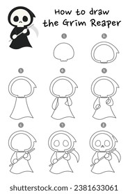 How to draw the Grim Reaper vector illustration. Draw the Death step by step. Cute and easy drawing guide.