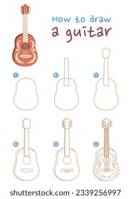 How to draw a guitar vector illustration. Draw a guitar step by step. Cute and easy drawing guide.