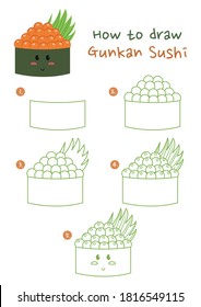 Cómo dibujar un pez Sushi Gunkan Huevos de comida japonesa ilustración vectorial. Dibujar sushi de rollo de barco de guerra paso a paso. Guía de dibujo de sushi con huevos de pescado y algas. Guía de dibujo suave y sutil.