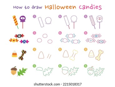 How to draw Halloween candies vector illustration. Draw Halloween candies step by step. Cute and easy drawing guide.