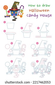 How to draw Halloween candy house vector illustration. Draw Halloween haunted house step by step. Cute and easy drawing guide.