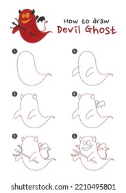How to draw halloween devil ghost vector illustration. Draw devil ghost step by step. Cute and easy drawing guide.
