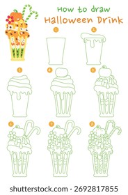 How to draw halloween drink vector illustration. Draw autumn drink step by step. Cute and easy drawing guide.