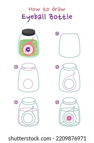 How to draw halloween eyeball bottle vector illustration. Draw eyeball bottle step by step. Cute and easy drawing guide.