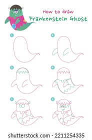 How to draw halloween Frankenstein ghost vector illustration. Draw the ghost of Frankenstein step by step. Cute and easy drawing guide.