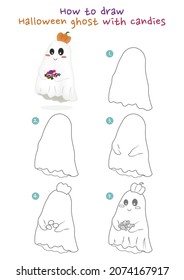 How to draw halloween ghost with candies vector illustration. Draw a halloween ghost with candies step by step. Halloween ghost drawing guide. Cute and easy drawing guidebook.