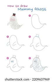How to draw Halloween mummy ghost vector illustration  Draw mummy's ghost step by step  Cute   easy drawing guide 