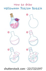 Cómo dibujar la ilustración vectorial de botella de poción de Halloween. Dibujar botellas de poción de Halloween paso a paso. Guía de dibujo suave y sutil.