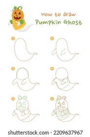How to draw halloween pumpkin ghost vector illustration  Draw Jack  o'  lantern ghost step by step  Cute   easy drawing guide 