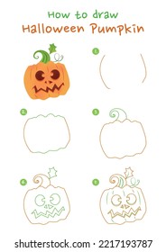 How to draw Halloween pumpkin vector illustration. Draw jack o lantern step by step. Cute and easy drawing guide.